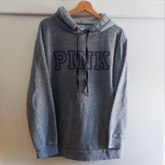 Victoria's Secret PINK Logo Spellout Hooded Sweatshirt M Gray Black - Picture 1 of 5